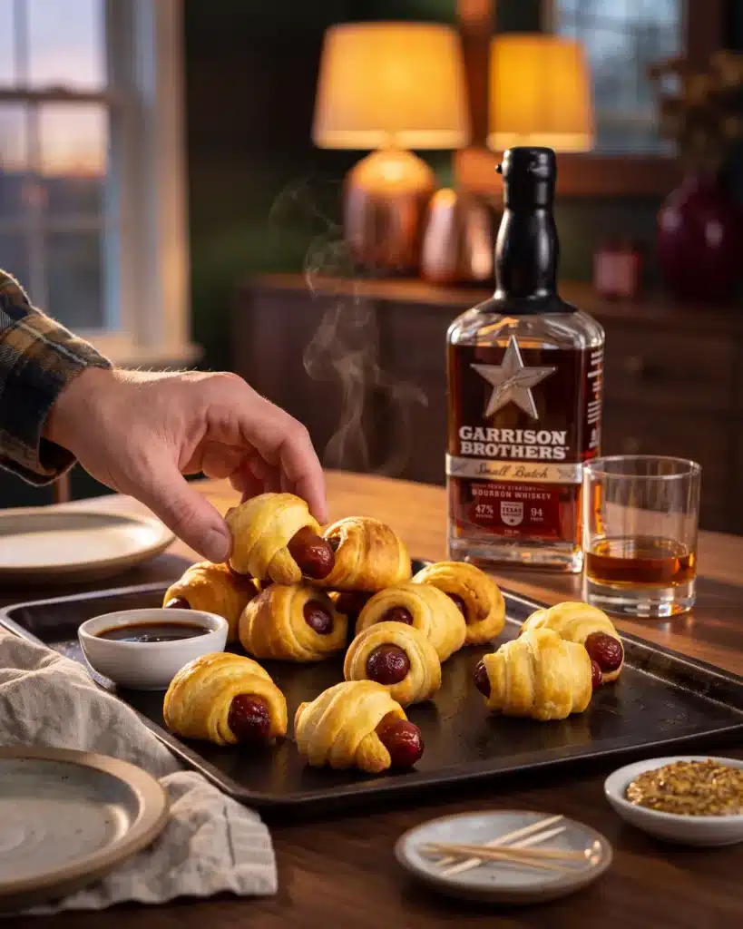 Crescent Wrapped Bourbon Soaked Smokies on a dining table with a bottle of Garrison Brothers Small Batch Bourbon