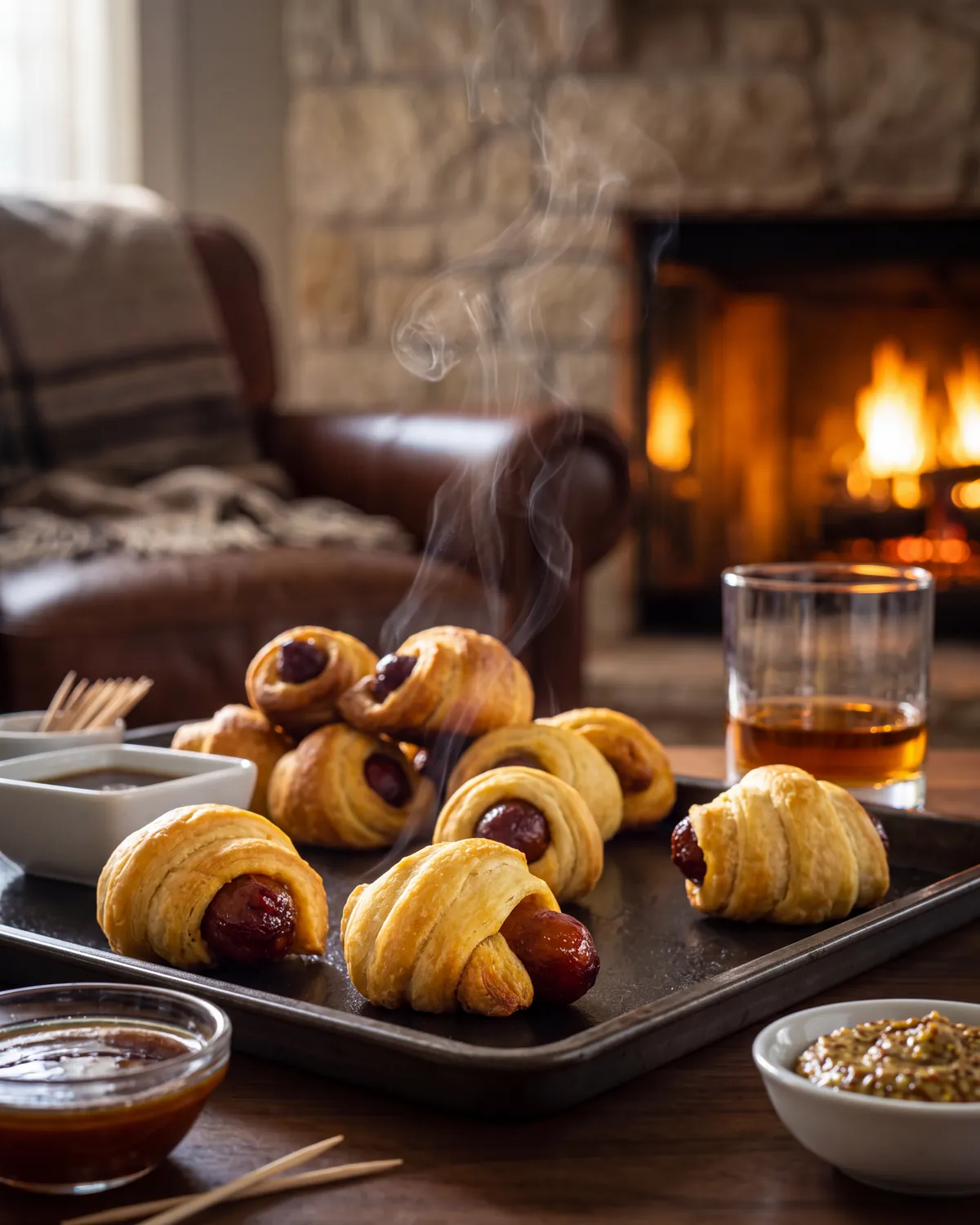Crescent Wrapped Bourbon Soaked Smokies by a stone fireplace with a bottle of Garrison Brothers Small Batch Bourbon