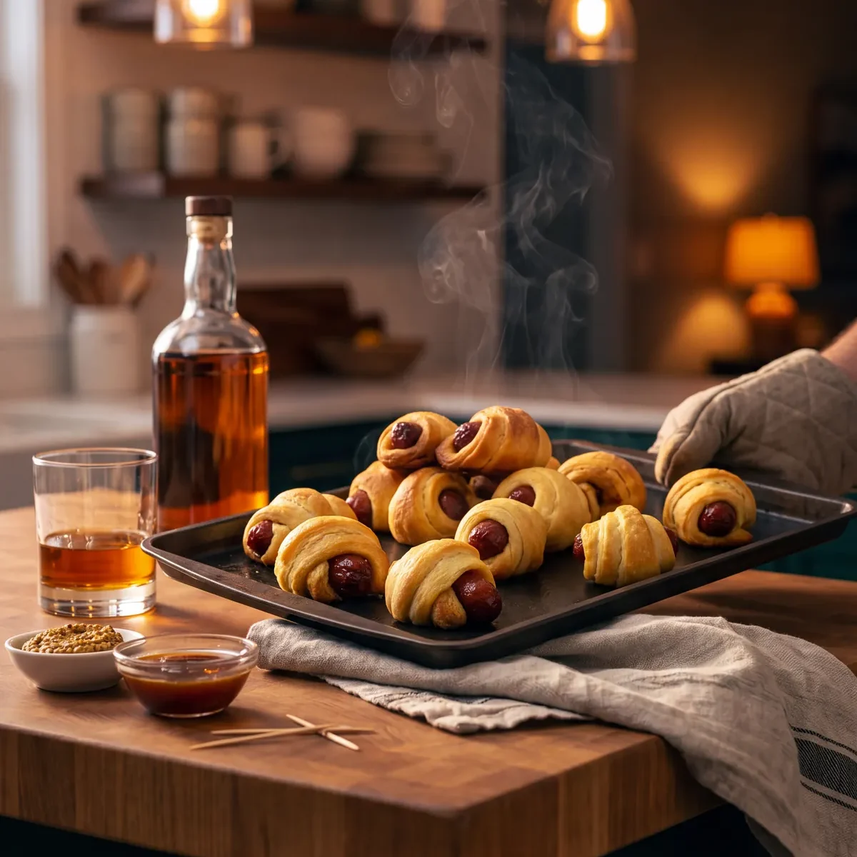 Crescent Wrapped Bourbon Soaked Smokies on a kitchen counter with a bottle of Garrison Brothers Small Batch Bourbon