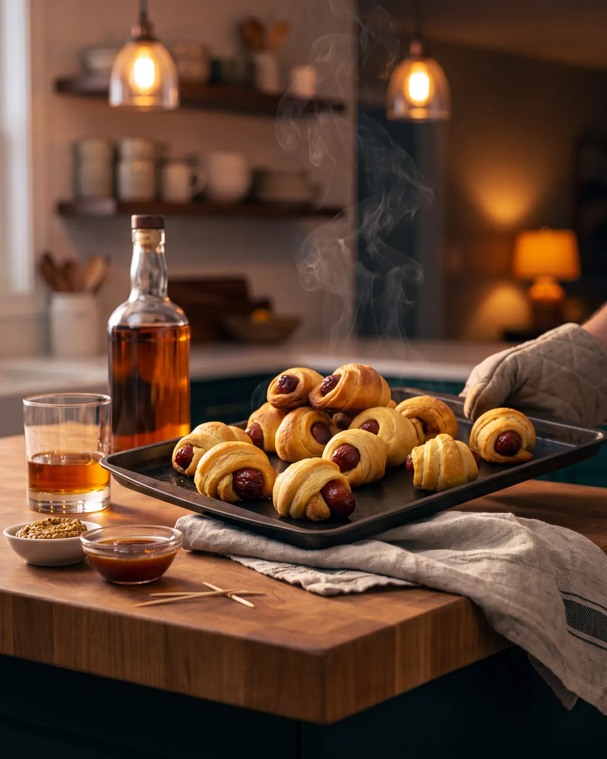 Crescent Wrapped Bourbon Soaked Smokies on a kitchen counter with a bottle of Garrison Brothers Small Batch Bourbon