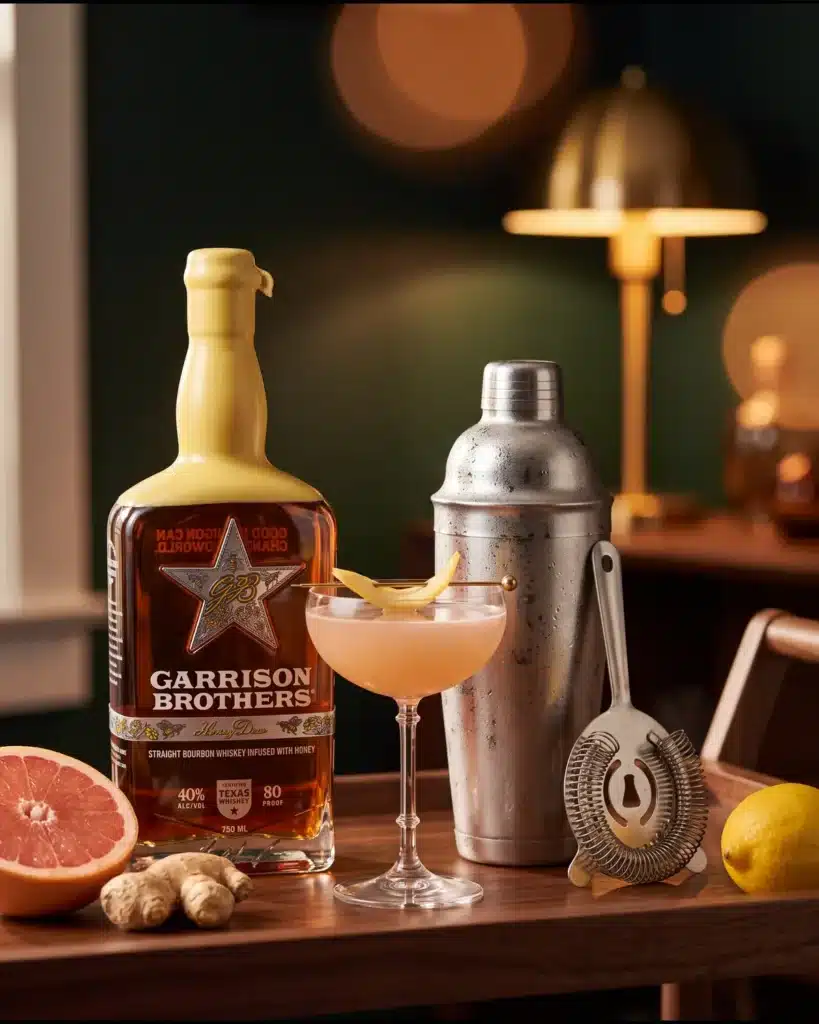 Autumn Reverie bourbon cocktail on a home bar cart with a bottle of Garrison Brothers HoneyDew Bourbon