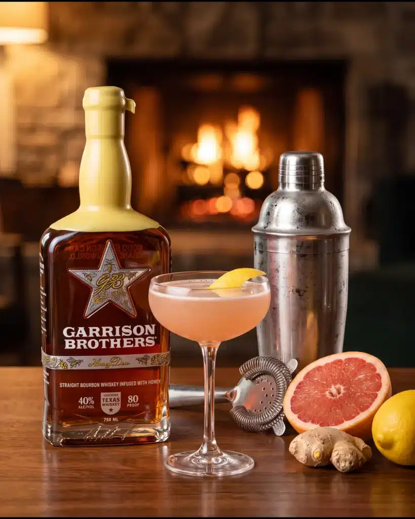 Autumn Reverie bourbon cocktail by a stone fireplace with a bottle of Garrison Brothers HoneyDew Bourbon