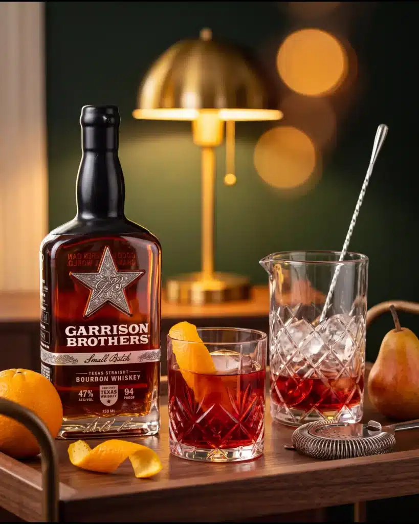 Brazos Boulevardier bourbon cocktail on a home bar cart with a bottle of Garrison Brothers Small Batch Bourbon