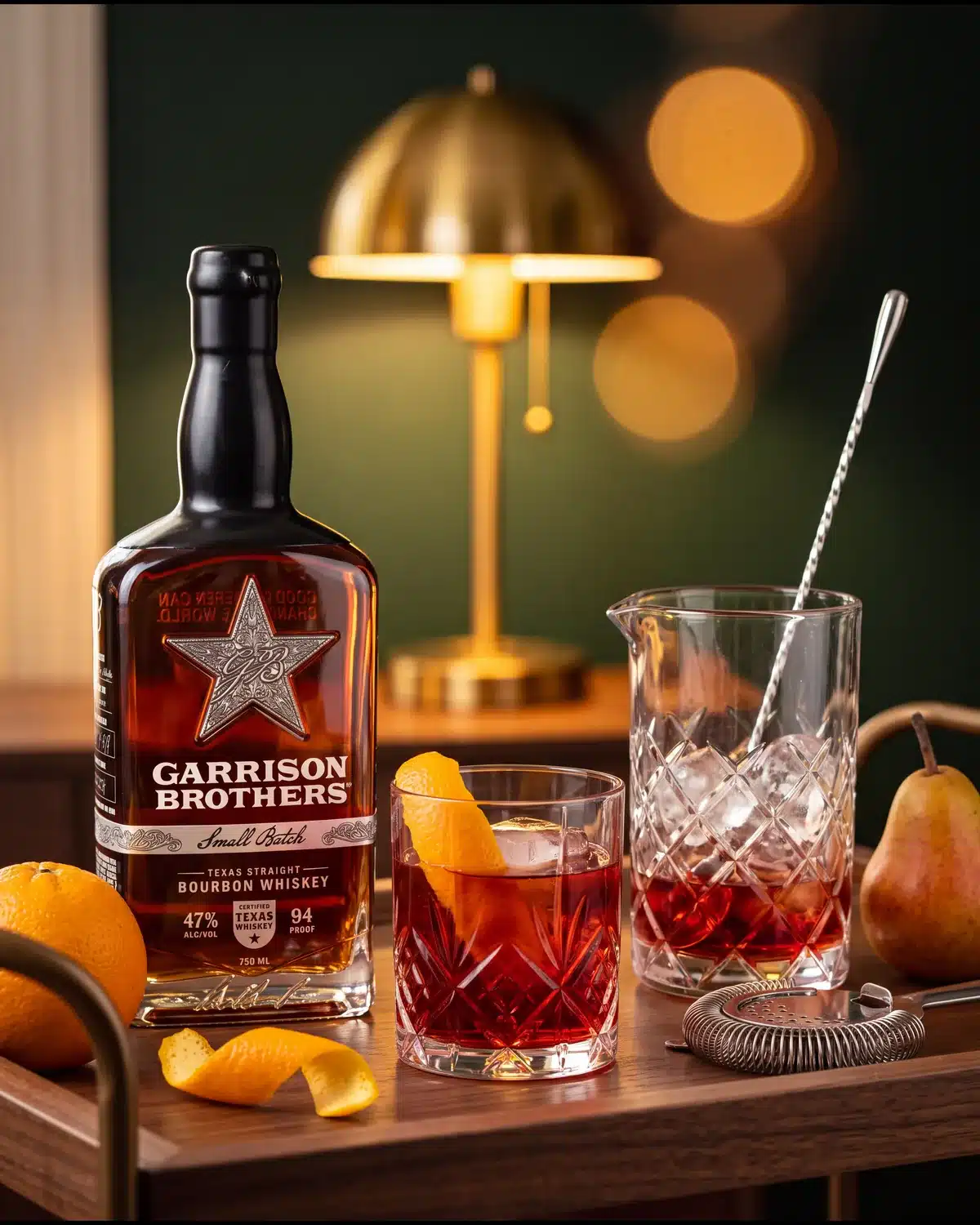 Brazos Boulevardier bourbon cocktail on a home bar cart with a bottle of Garrison Brothers Small Batch Bourbon