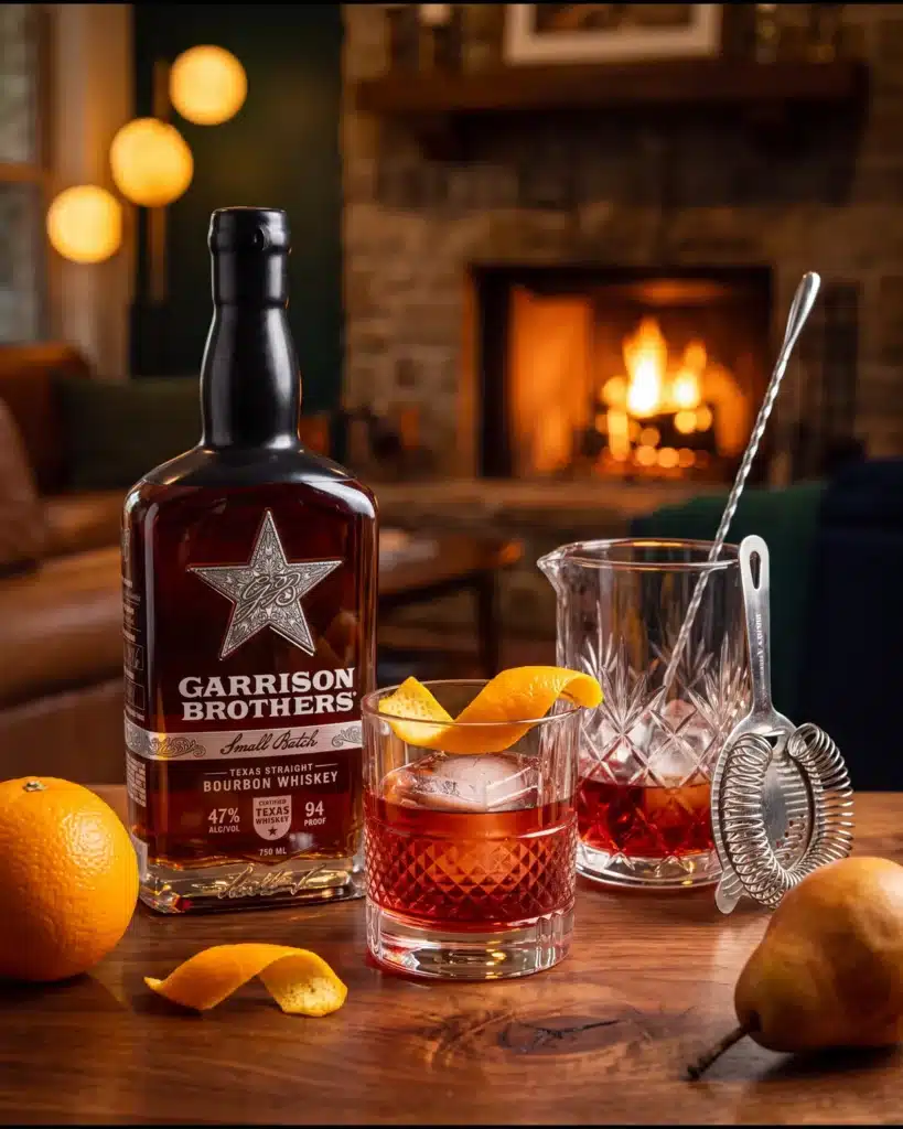 Brazos Boulevardier bourbon cocktail by a stone fireplace with a bottle of Garrison Brothers Small Batch Bourbon