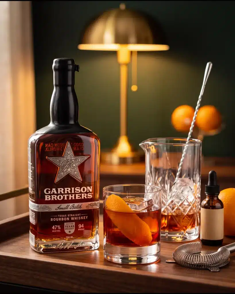 Das Boots bourbon cocktail on a home bar cart with a bottle of Garrison Brothers Small Batch Bourbon