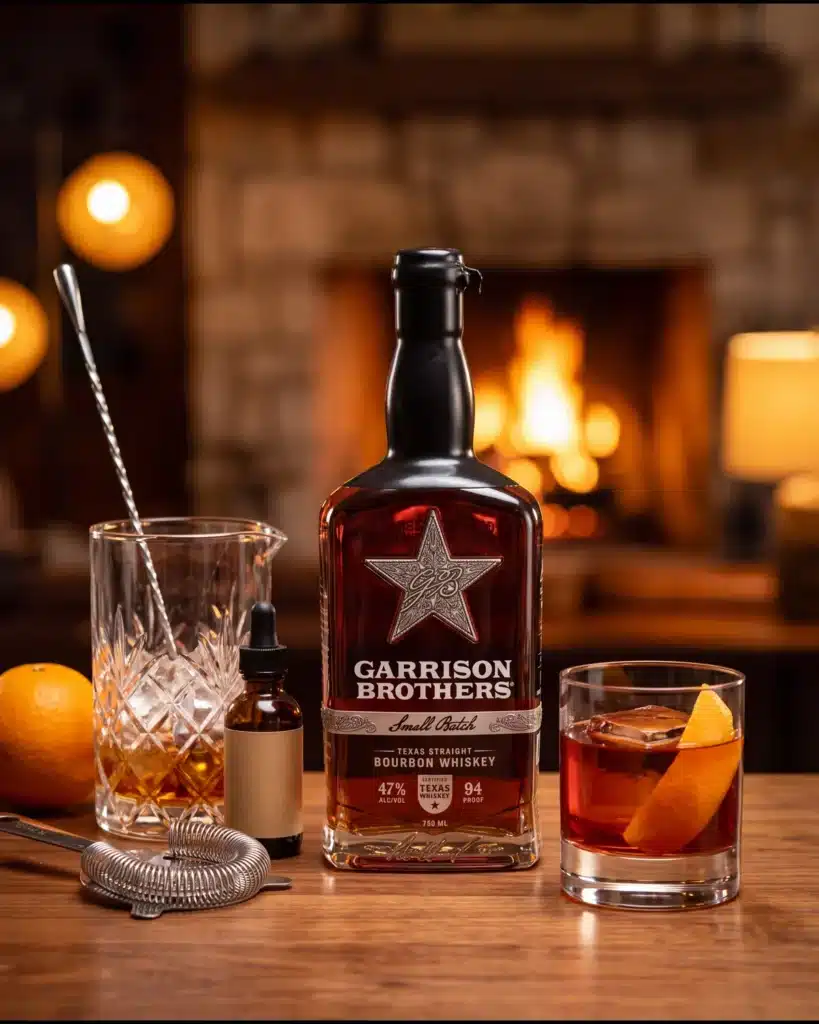Das Boots bourbon cocktail by a stone fireplace with a bottle of Garrison Brothers Small Batch Bourbon