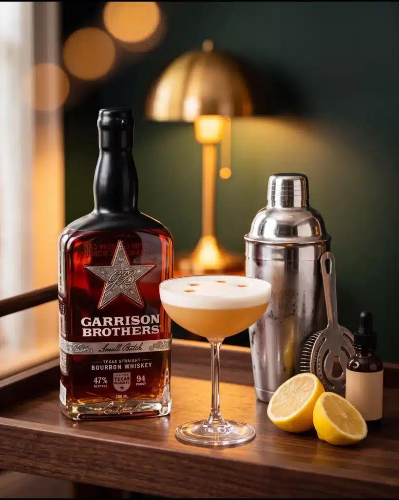 Garrison Brothers Signature Whiskey Sour bourbon cocktail on a home bar cart with a bottle of Garrison Brothers Small Batch Bourbon