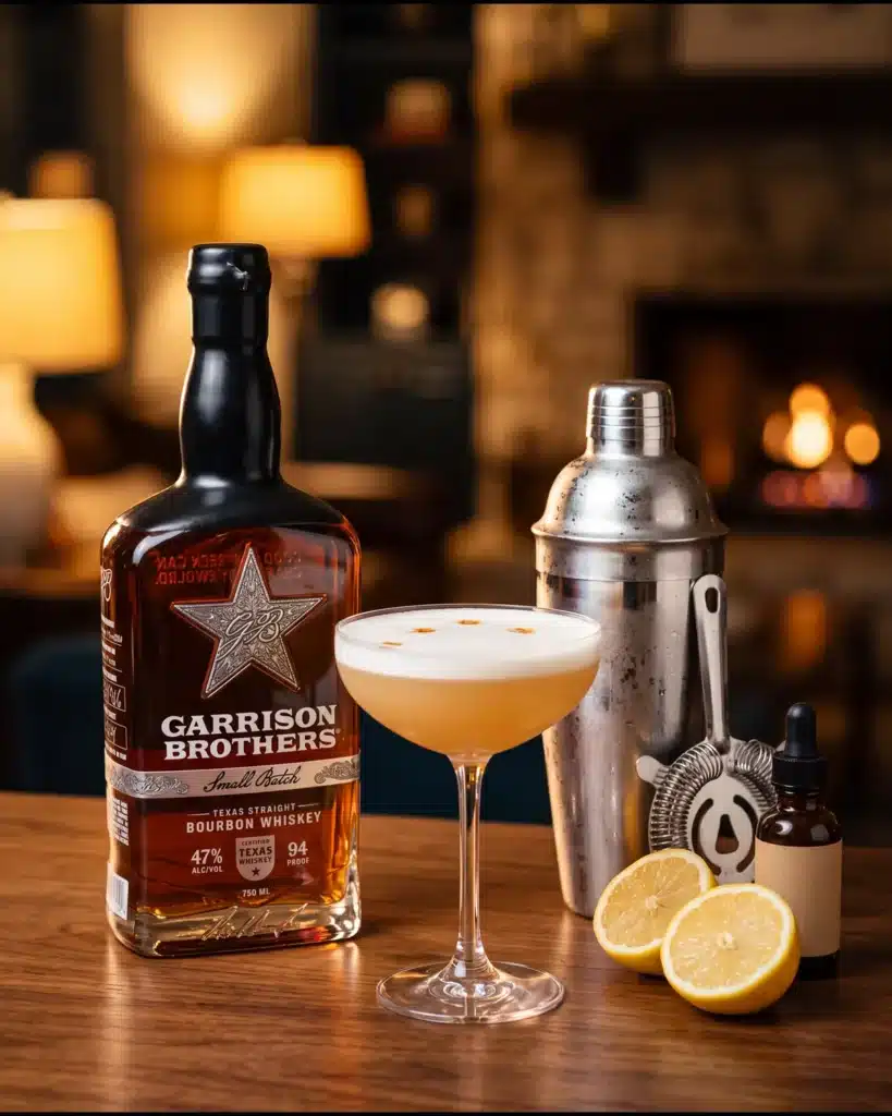 Garrison Brothers Signature Whiskey Sour bourbon cocktail by a stone fireplace with a bottle of Garrison Brothers Small Batch Bourbon