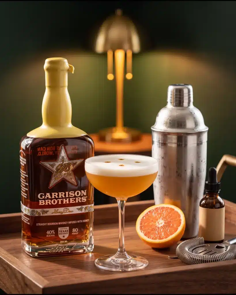 Golden Hour bourbon cocktail on a home bar cart with a bottle of Garrison Brothers HoneyDew Bourbon