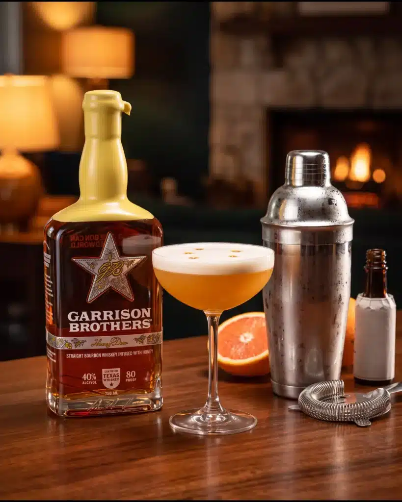 Golden Hour bourbon cocktail by a stone fireplace with a bottle of Garrison Brothers HoneyDew Bourbon
