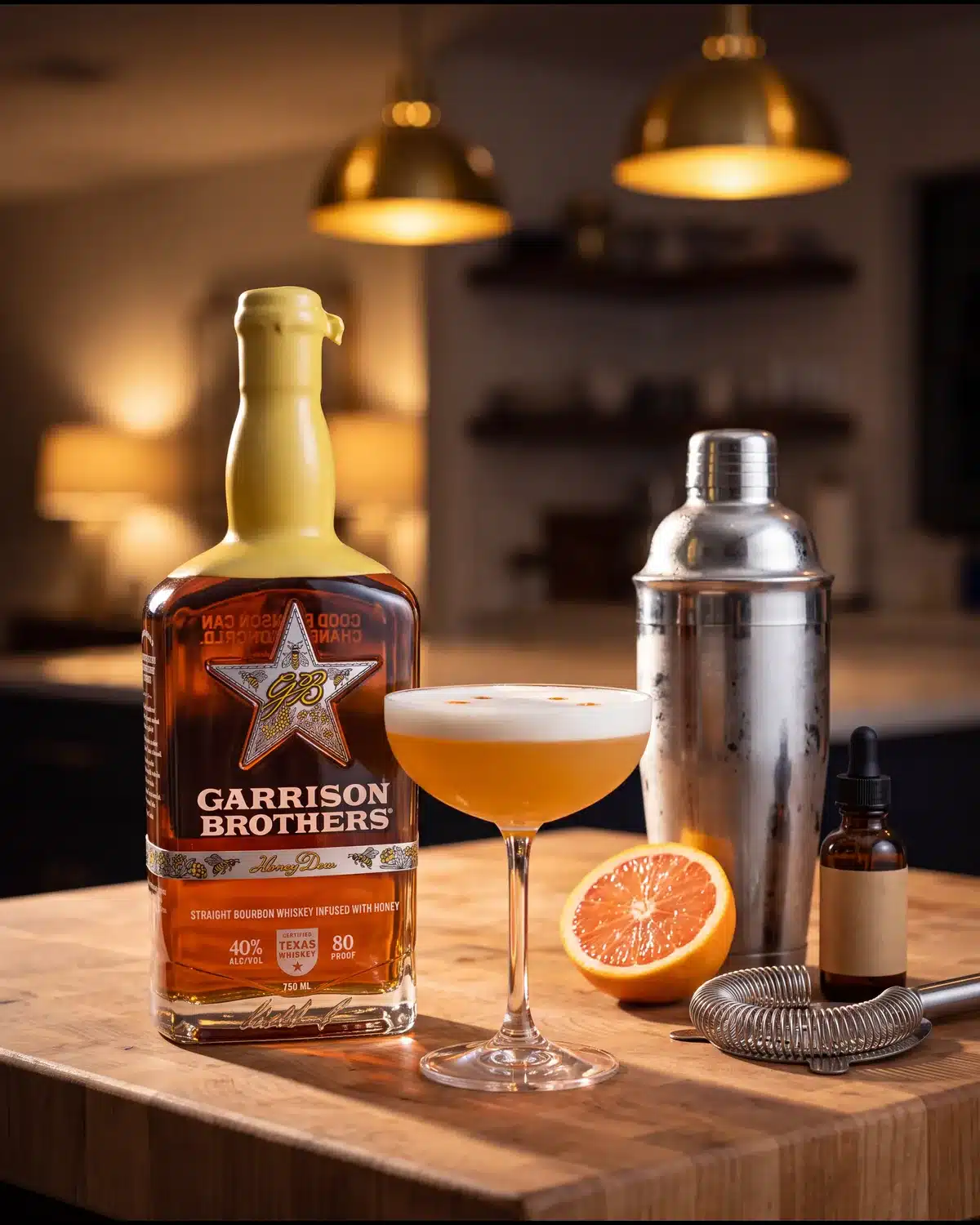 Golden Hour bourbon cocktail on a kitchen counter with a bottle of Garrison Brothers HoneyDew Bourbon