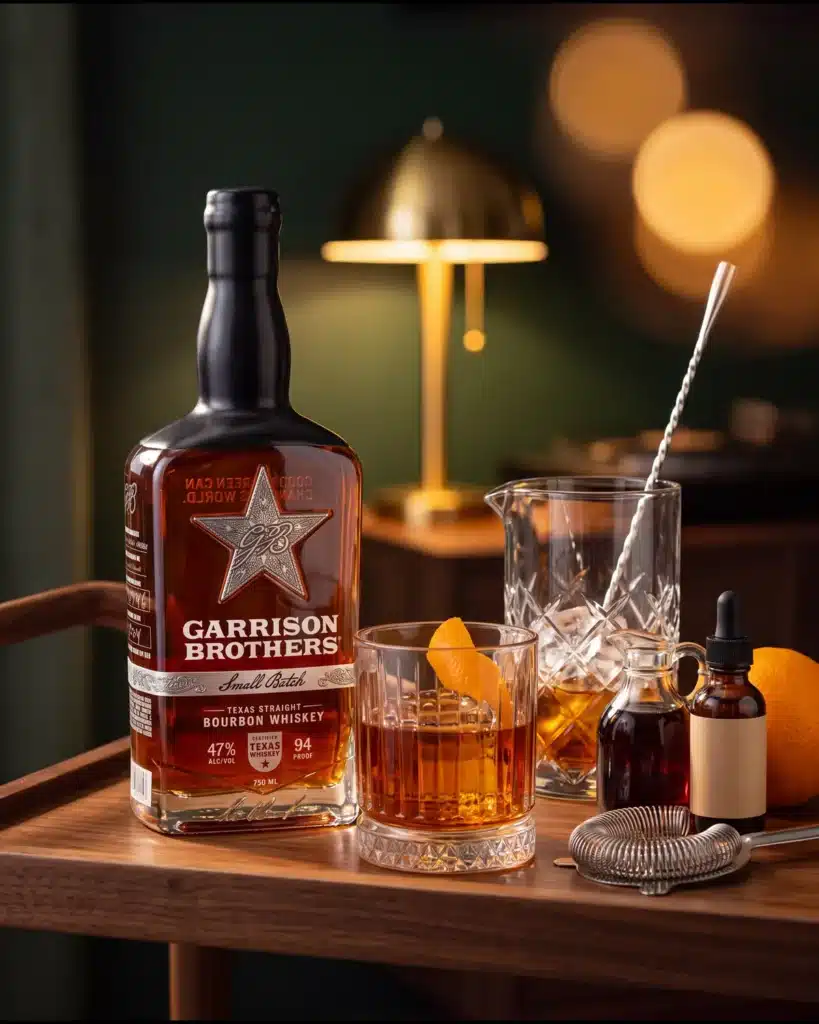 Hickory Heat bourbon cocktail on a home bar cart with a bottle of Garrison Brothers Small Batch Bourbon