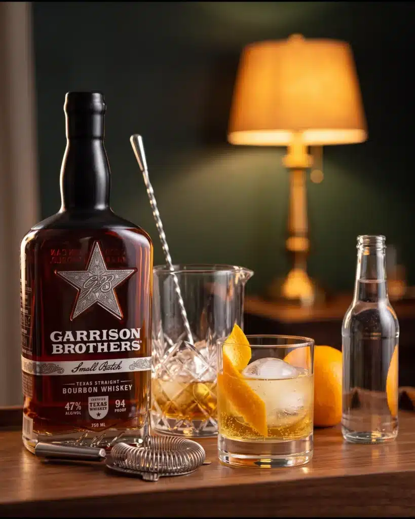 Hill Country Highball bourbon cocktail on a home bar cart with a bottle of Garrison Brothers Small Batch Bourbon