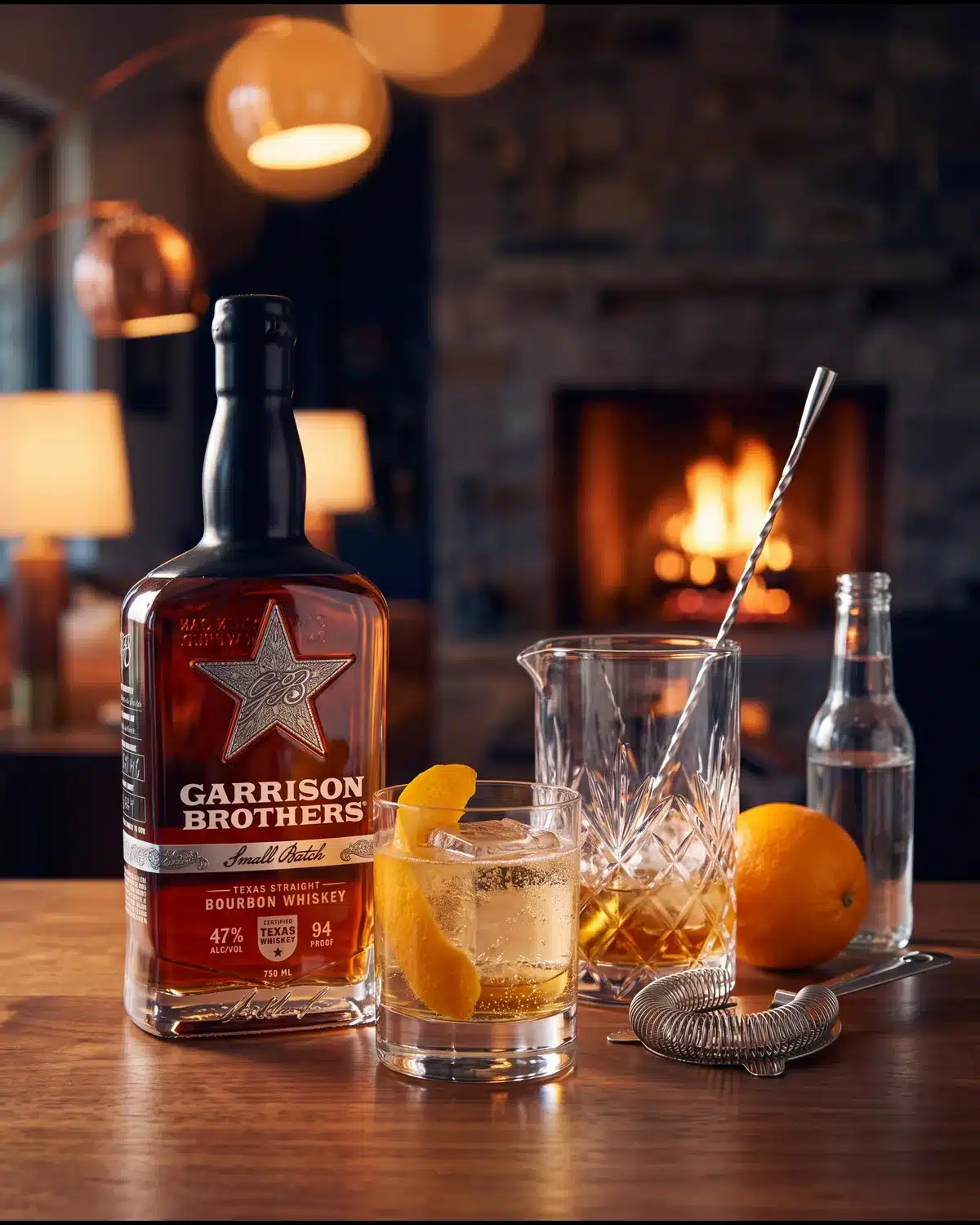 Hill Country Highball bourbon cocktail by a stone fireplace with a bottle of Garrison Brothers Small Batch Bourbon