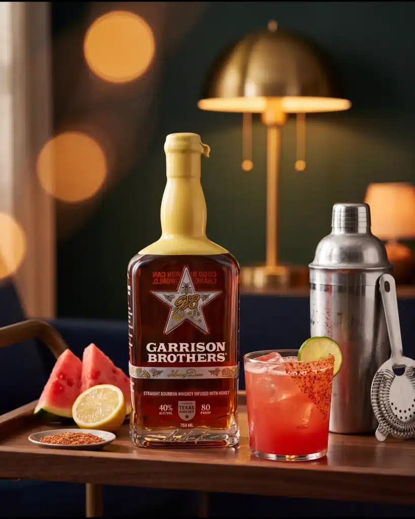 Hot Honey bourbon cocktail on a home bar cart with a bottle of Garrison Brothers HoneyDew Bourbon