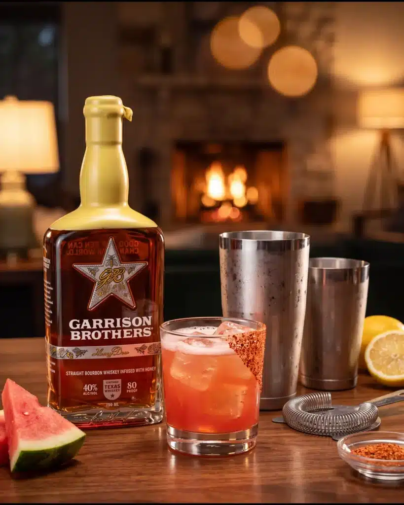 Hot Honey bourbon cocktail by a stone fireplace with a bottle of Garrison Brothers HoneyDew Bourbon