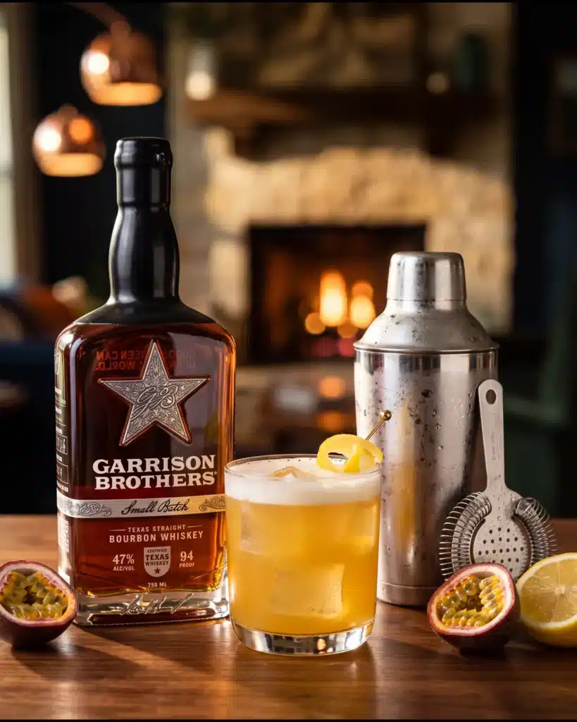 Lilikoi Cowboy bourbon cocktail by a stone fireplace with a bottle of Garrison Brothers Small Batch Bourbon