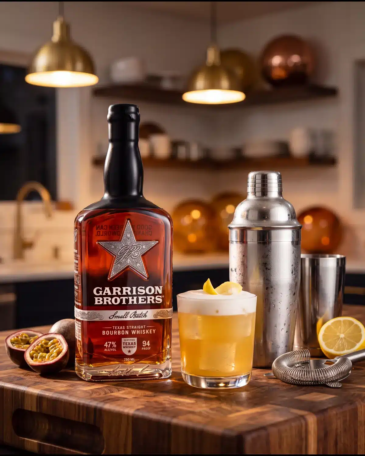 Lilikoi Cowboy bourbon cocktail on a kitchen counter with a bottle of Garrison Brothers Small Batch Bourbon