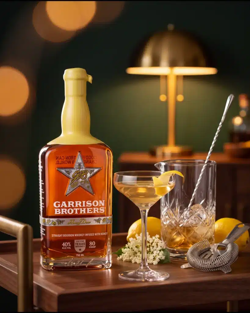 Lonestar Wildflower bourbon cocktail on a home bar cart with a bottle of Garrison Brothers HoneyDew Bourbon