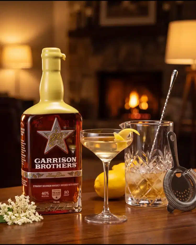 Lonestar Wildflower bourbon cocktail by a stone fireplace with a bottle of Garrison Brothers HoneyDew Bourbon