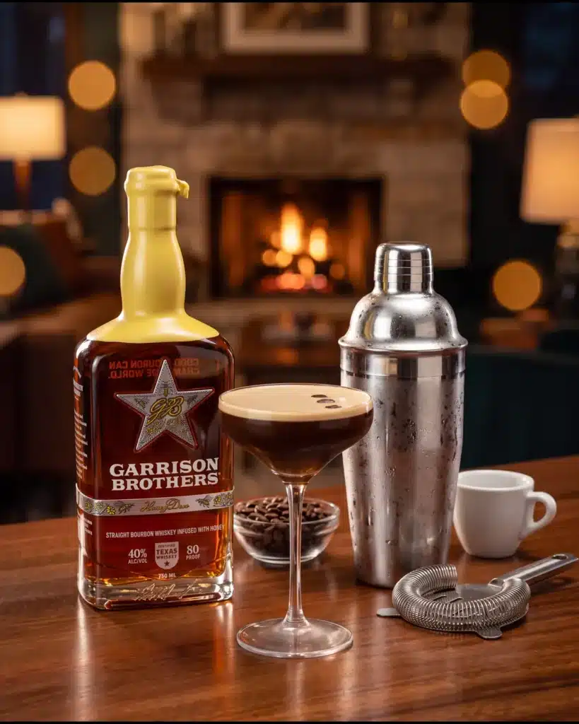 Midnight Drifter bourbon cocktail by a stone fireplace with a bottle of Garrison Brothers HoneyDew Bourbon