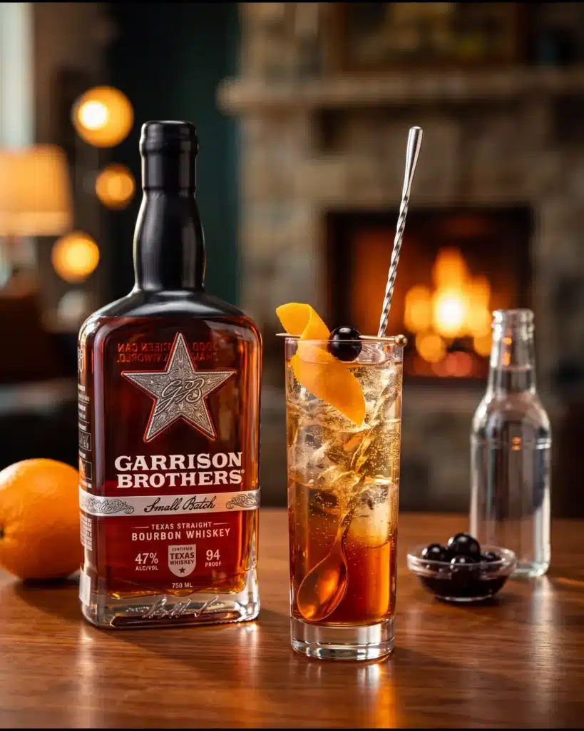 New Fashioned Highball bourbon cocktail by a stone fireplace with a bottle of Garrison Brothers Small Batch Bourbon