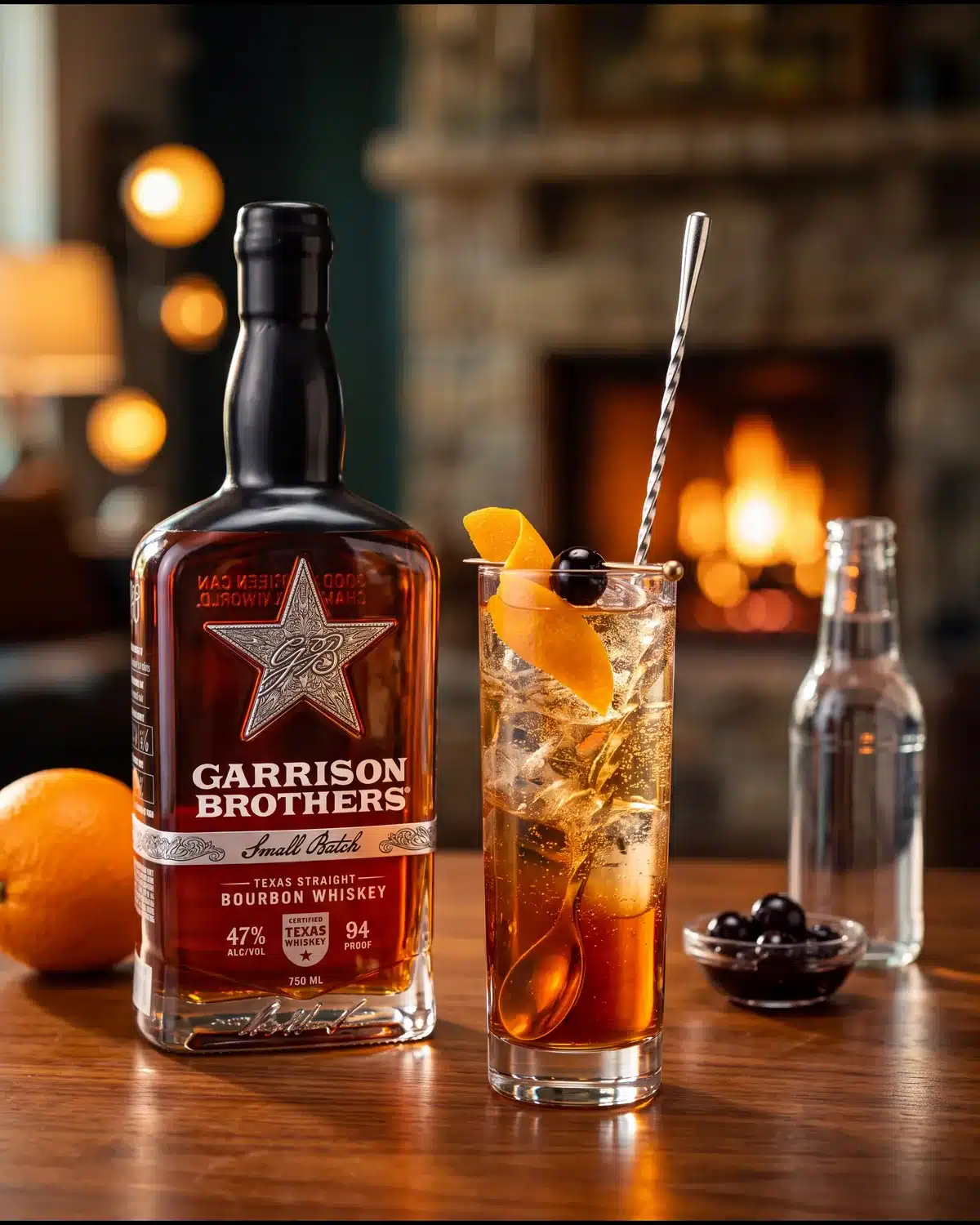 New Fashioned Highball bourbon cocktail by a stone fireplace with a bottle of Garrison Brothers Small Batch Bourbon