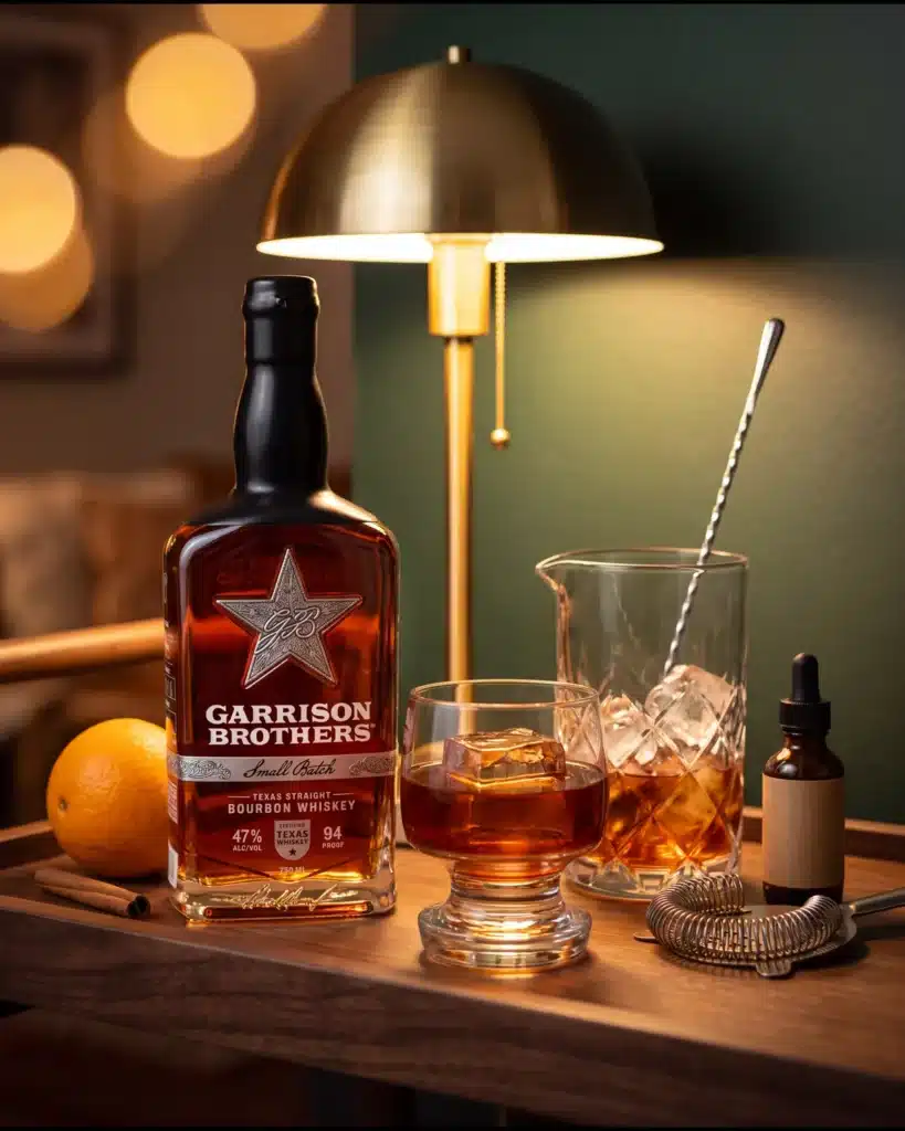 Red River Revival bourbon cocktail on a home bar cart with a bottle of Garrison Brothers Small Batch Bourbon