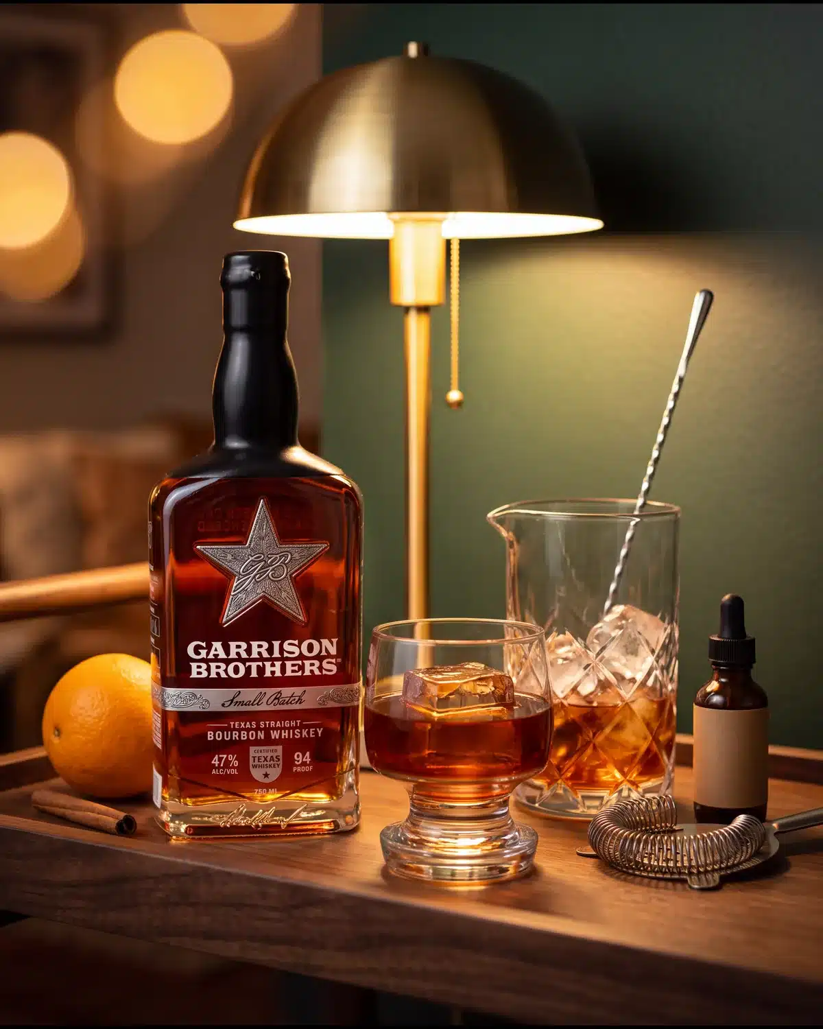 Red River Revival bourbon cocktail on a home bar cart with a bottle of Garrison Brothers Small Batch Bourbon