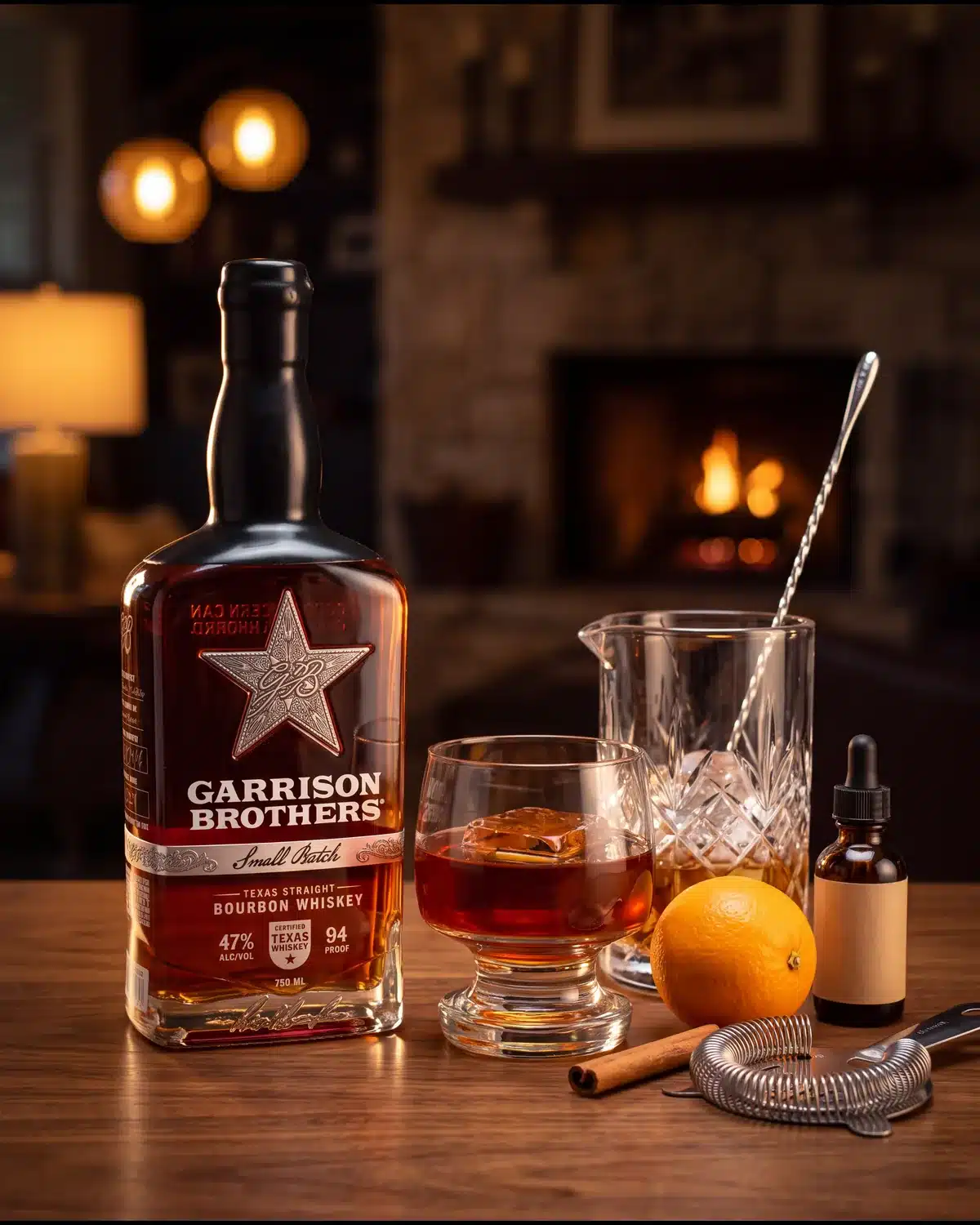 Red River Revival bourbon cocktail by a stone fireplace with a bottle of Garrison Brothers Small Batch Bourbon