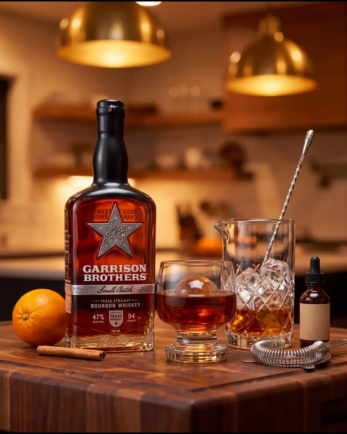 Red River Revival bourbon cocktail on a kitchen counter with a bottle of Garrison Brothers Small Batch Bourbon