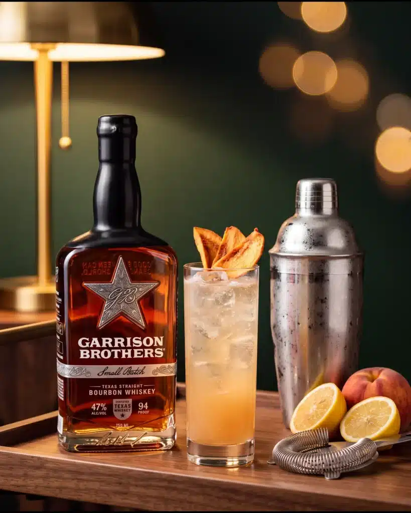 Saddle Up bourbon cocktail on a home bar cart with a bottle of Garrison Brothers Small Batch Bourbon