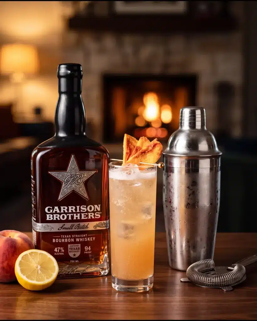 Saddle Up bourbon cocktail by a stone fireplace with a bottle of Garrison Brothers Small Batch Bourbon