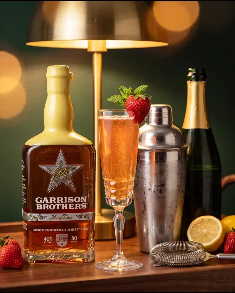 Southern Socialite bourbon cocktail on a home bar cart with a bottle of Garrison Brothers HoneyDew Bourbon