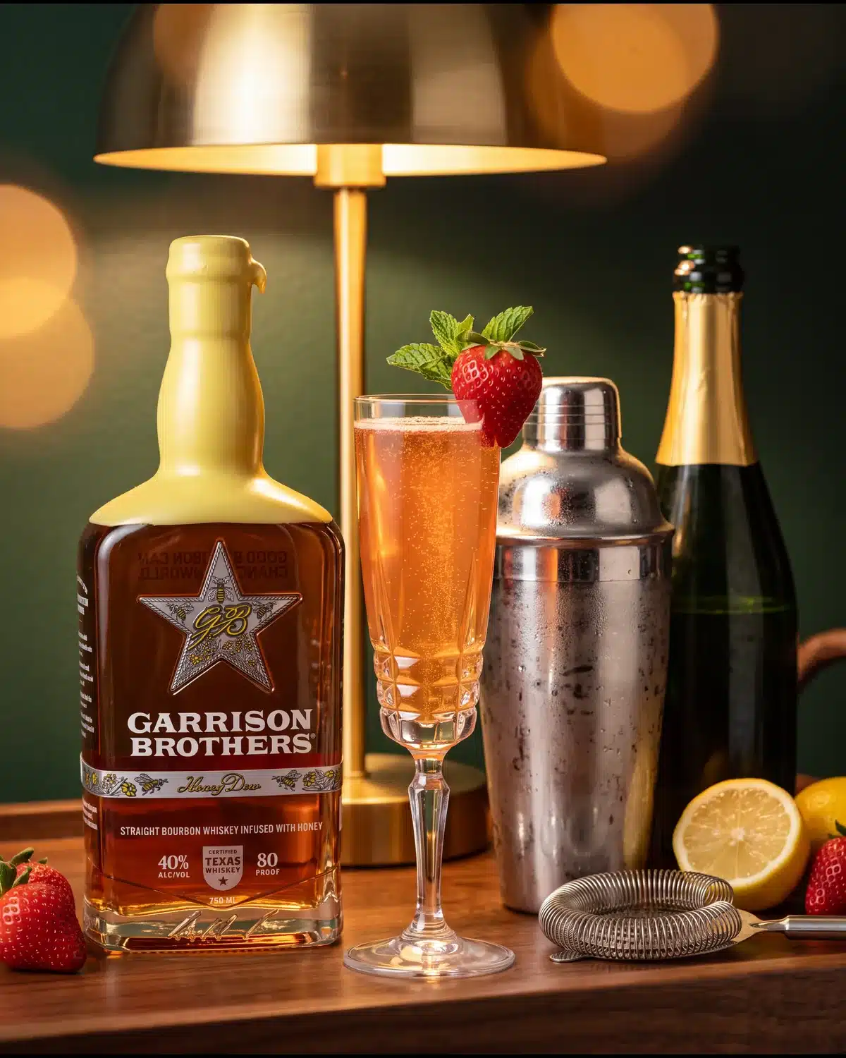 Southern Socialite bourbon cocktail on a home bar cart with a bottle of Garrison Brothers HoneyDew Bourbon