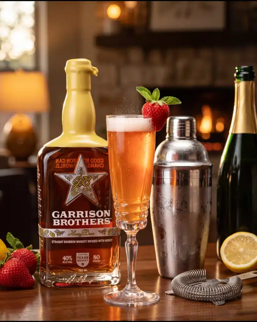 Southern Socialite bourbon cocktail by a stone fireplace with a bottle of Garrison Brothers HoneyDew Bourbon