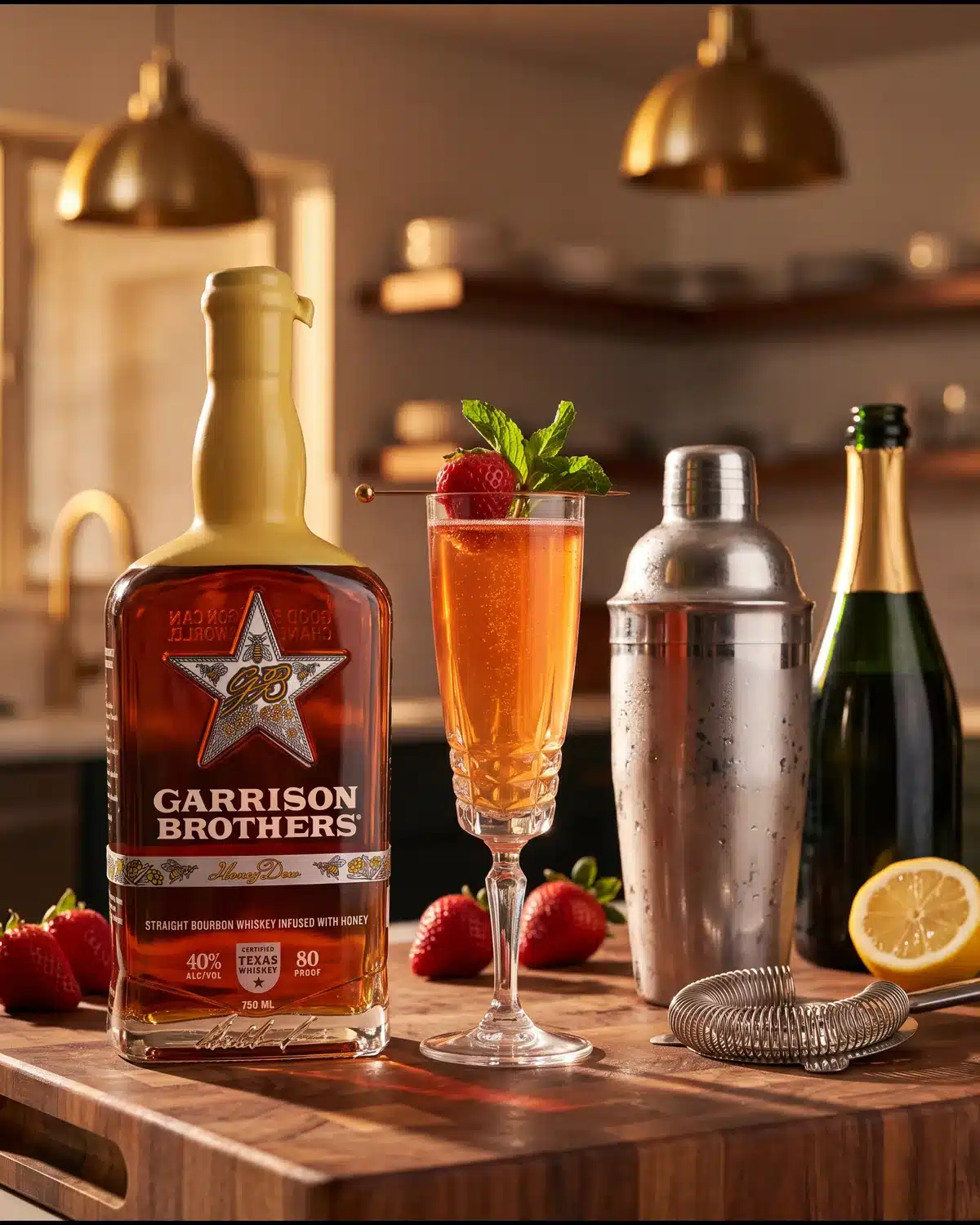 Southern Socialite bourbon cocktail on a kitchen counter with a bottle of Garrison Brothers HoneyDew Bourbon