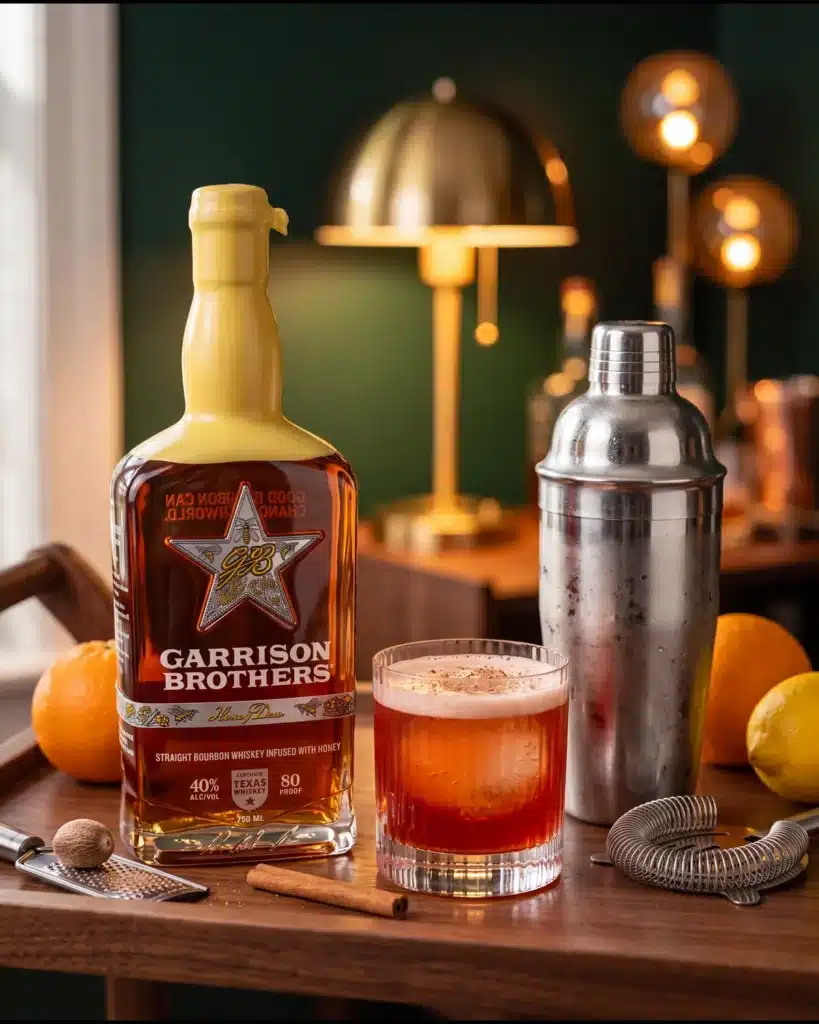 Texas Cold Front bourbon cocktail on a home bar cart with a bottle of Garrison Brothers HoneyDew Bourbon