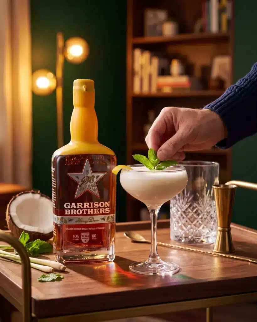 Coco Spice bourbon cocktail on a home bar cart with a bottle of Garrison Brothers HoneyDew Bourbon