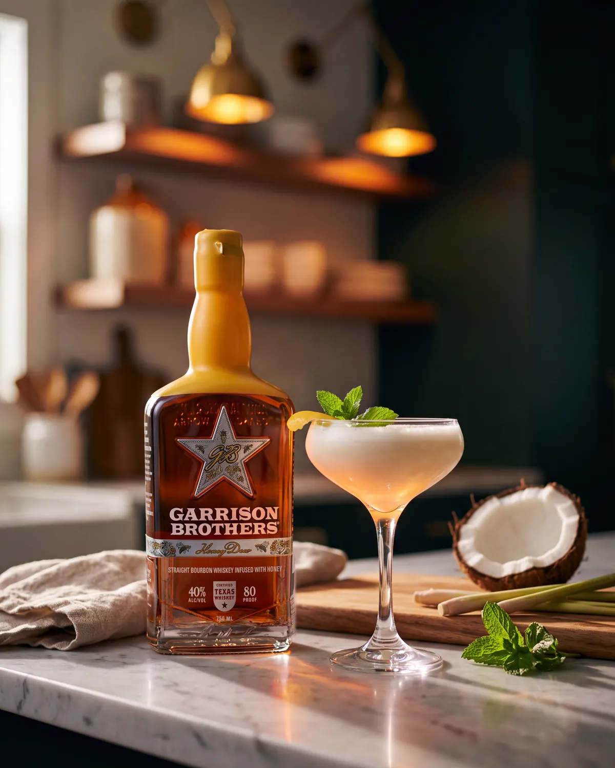 Coco Spice bourbon cocktail on a kitchen counter with a bottle of Garrison Brothers HoneyDew Bourbon