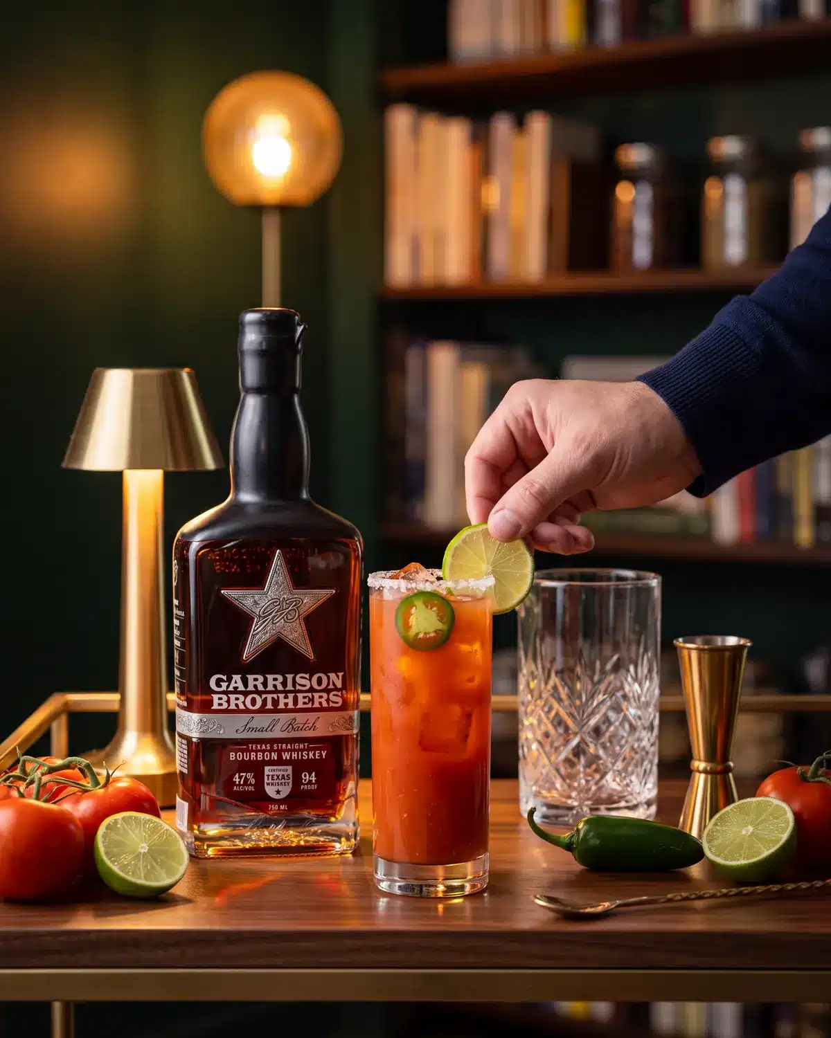 El Gallo Canta bourbon cocktail on a home bar cart with a bottle of Garrison Brothers Small Batch Bourbon