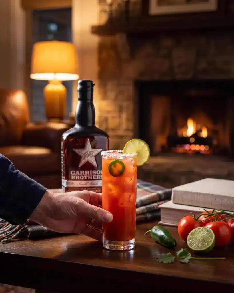 El Gallo Canta bourbon cocktail by a stone fireplace with a bottle of Garrison Brothers Small Batch Bourbon