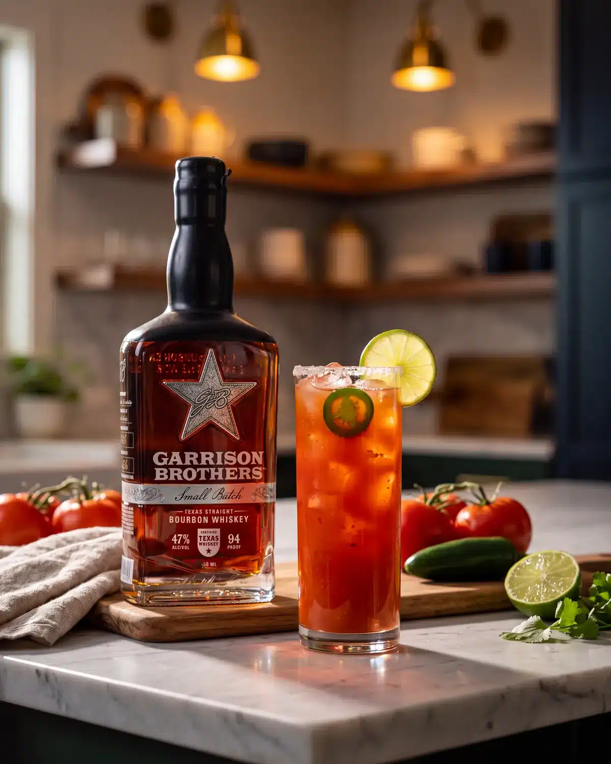 El Gallo Canta bourbon cocktail on a kitchen counter with a bottle of Garrison Brothers Small Batch Bourbon