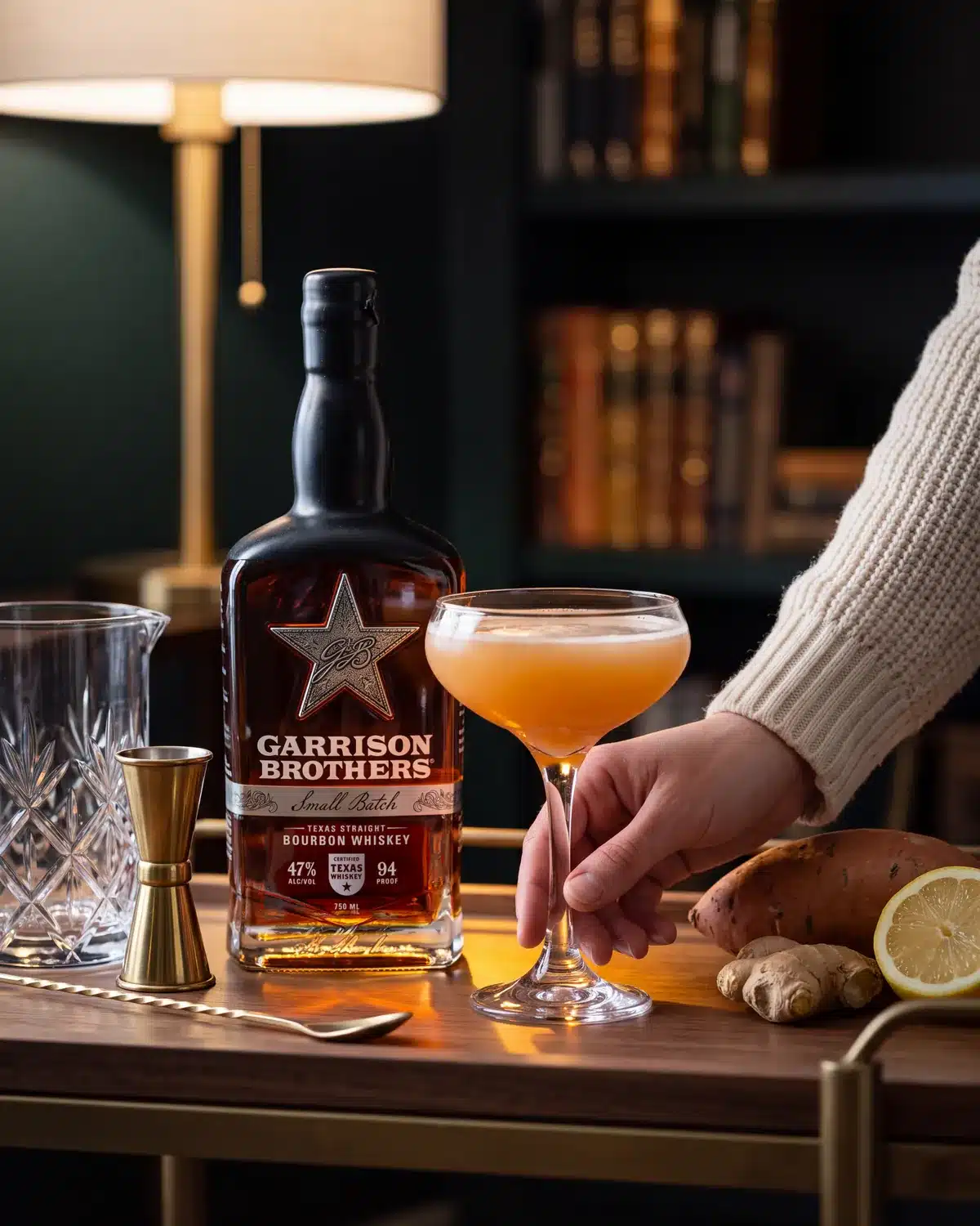 The Morning Glory bourbon cocktail on a home bar cart with a bottle of Garrison Brothers Small Batch Bourbon