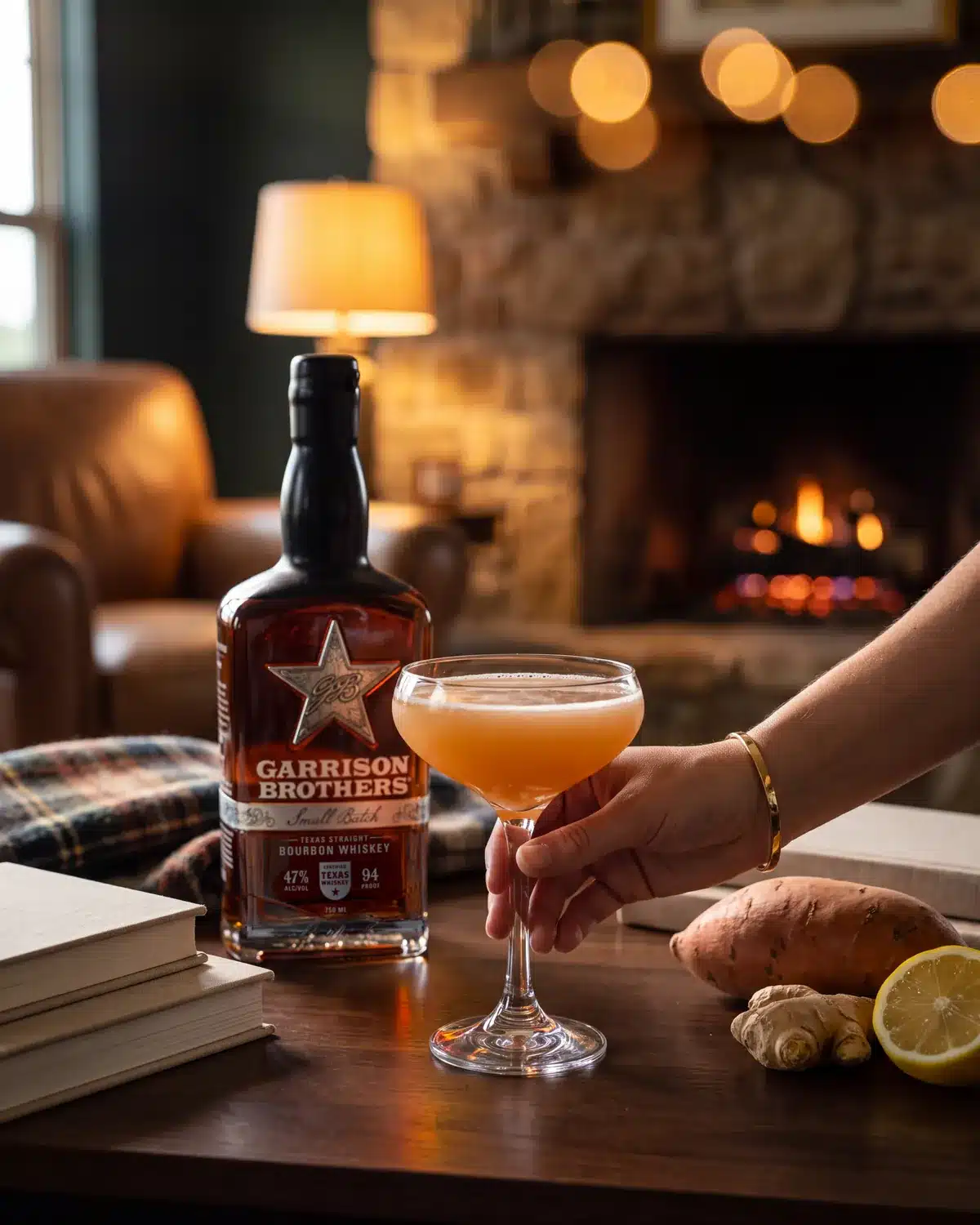 The Morning Glory bourbon cocktail by a stone fireplace with a bottle of Garrison Brothers Small Batch Bourbon