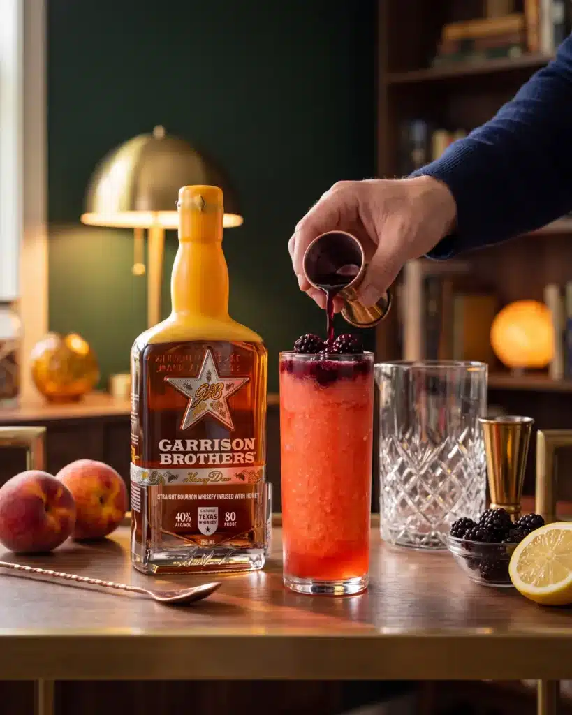 Princess Peach bourbon cocktail on a home bar cart with a bottle of Garrison Brothers HoneyDew Bourbon