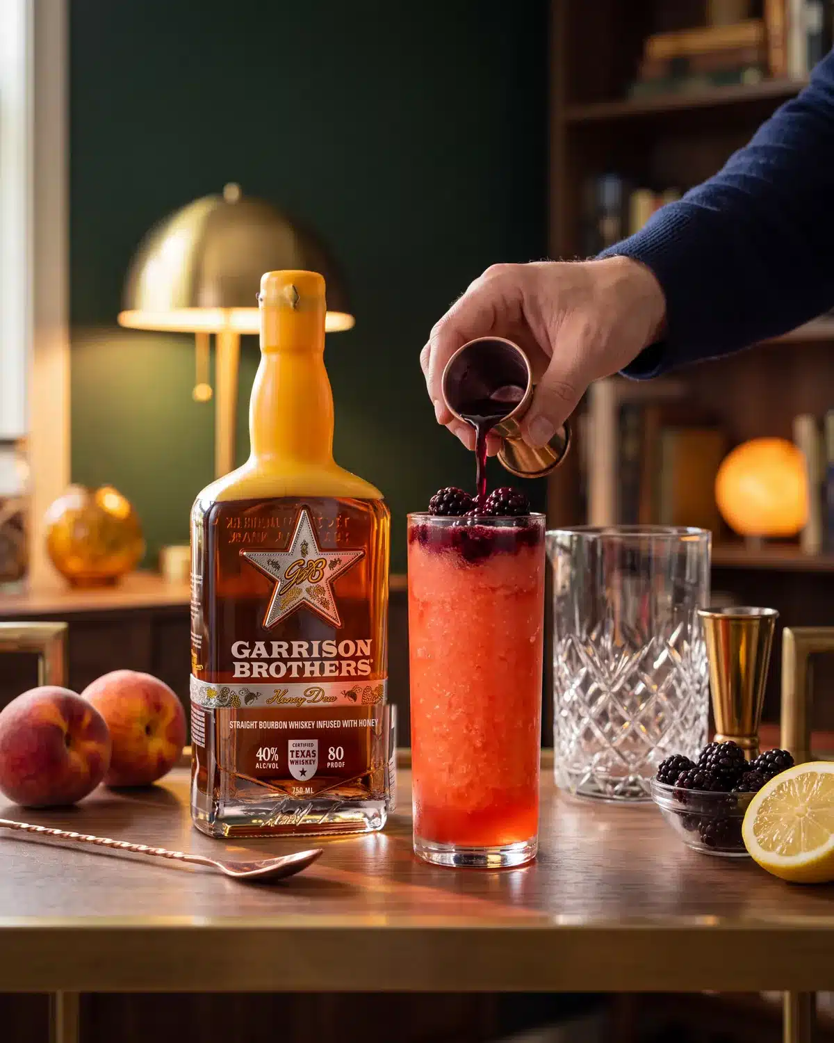 Princess Peach bourbon cocktail on a home bar cart with a bottle of Garrison Brothers HoneyDew Bourbon