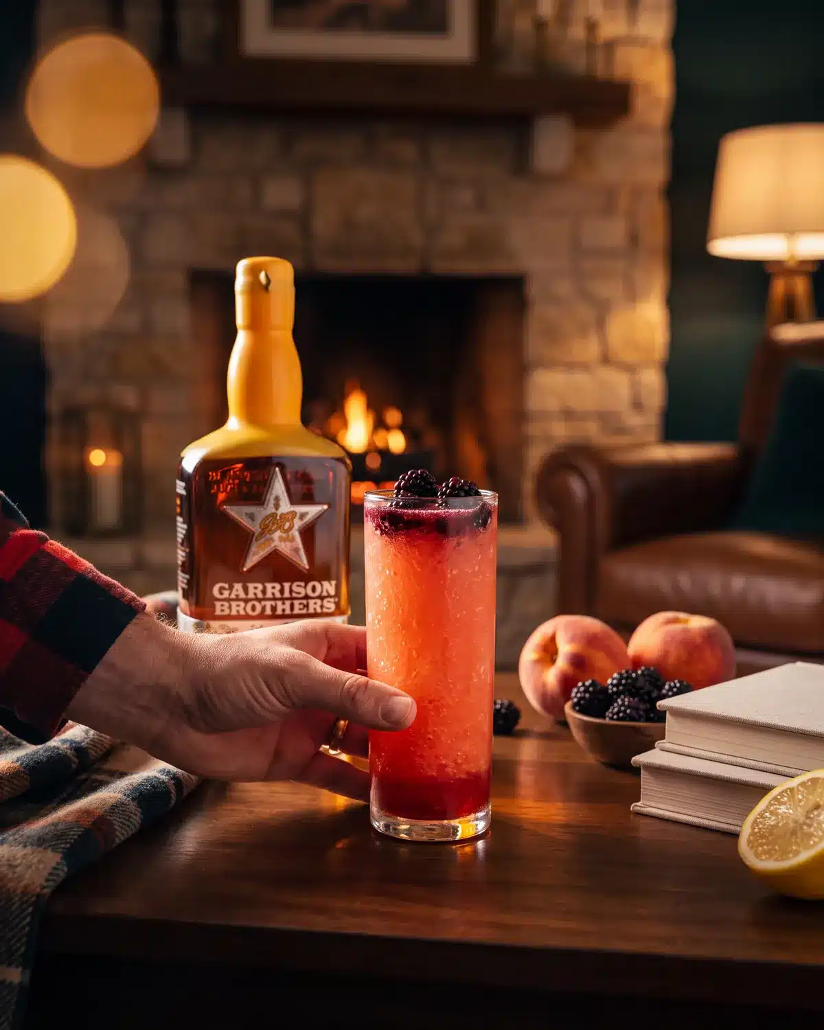 Princess Peach bourbon cocktail by a stone fireplace with a bottle of Garrison Brothers HoneyDew Bourbon