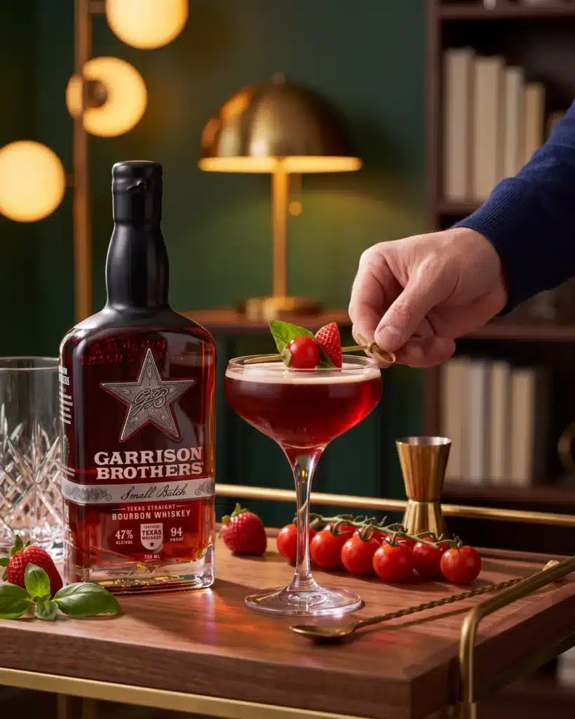 Rojo Fresco bourbon cocktail on a home bar cart with a bottle of Garrison Brothers Small Batch Bourbon